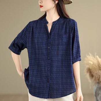 Ženska bluza s V-izrezom, karirani uzorak, pamuk-poliester materijal, opuštena silueta, glavni sastav tkanine 50–70%