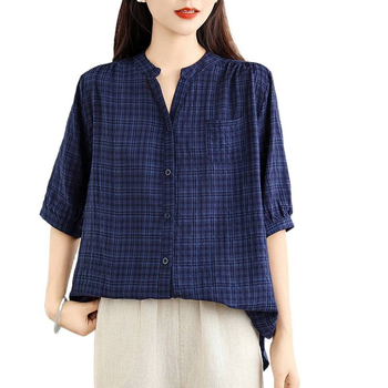 Ženska bluza s V-izrezom, karirani uzorak, pamuk-poliester materijal, opuštena silueta, glavni sastav tkanine 50–70%