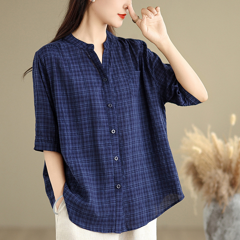 Ženska bluza s V-izrezom, karirani uzorak, pamuk-poliester materijal, opuštena silueta, glavni sastav tkanine 50–70%