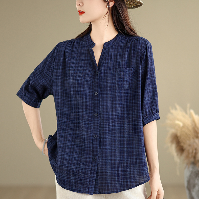 Ženska bluza s V-izrezom, karirani uzorak, pamuk-poliester materijal, opuštena silueta, glavni sastav tkanine 50–70%