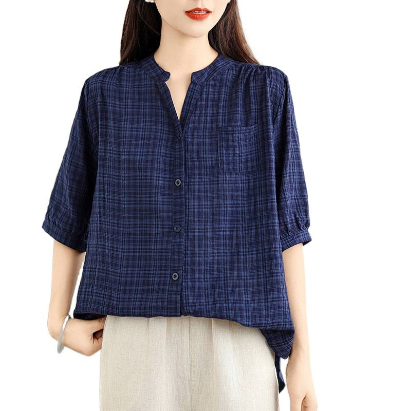 Ženska bluza s V-izrezom, karirani uzorak, pamuk-poliester materijal, opuštena silueta, glavni sastav tkanine 50–70%