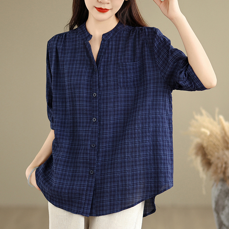 Ženska bluza s V-izrezom, karirani uzorak, pamuk-poliester materijal, opuštena silueta, glavni sastav tkanine 50–70%