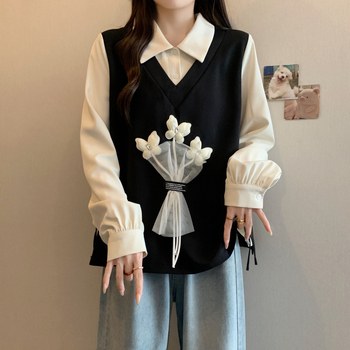 Bluza s floralnim uzorkom i mašnicom za vezivanje, polo ovratnik, dugi rukav, udoban kroj, poliester-spandeks tkanina, japansko-korejski casual stil, proljeće 2025