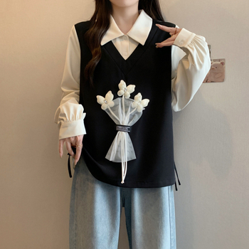 Bluza s floralnim uzorkom i mašnicom za vezivanje, polo ovratnik, dugi rukav, udoban kroj, poliester-spandeks tkanina, japansko-korejski casual stil, proljeće 2025