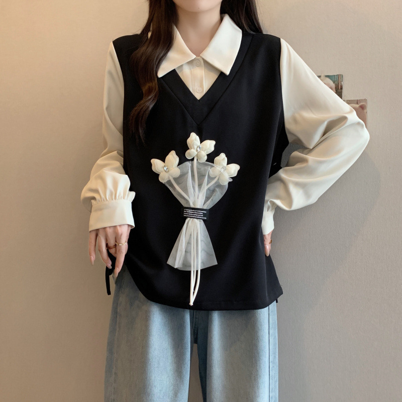 Bluza s floralnim uzorkom i mašnicom za vezivanje, polo ovratnik, dugi rukav, udoban kroj, poliester-spandeks tkanina, japansko-korejski casual stil, proljeće 2025