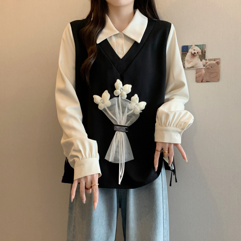 Bluza s floralnim uzorkom i mašnicom za vezivanje, polo ovratnik, dugi rukav, udoban kroj, poliester-spandeks tkanina, japansko-korejski casual stil, proljeće 2025