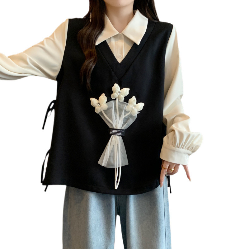 Bluza s floralnim uzorkom i mašnicom za vezivanje, polo ovratnik, dugi rukav, udoban kroj, poliester-spandeks tkanina, japansko-korejski casual stil, proljeće 2025