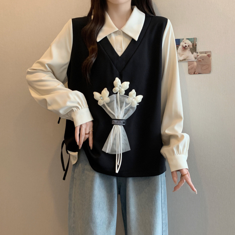 Bluza s floralnim uzorkom i mašnicom za vezivanje, polo ovratnik, dugi rukav, udoban kroj, poliester-spandeks tkanina, japansko-korejski casual stil, proljeće 2025