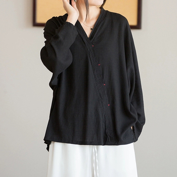 Топ в китайски стил Zen, смес от коноп, памук и лен, V-образно деколте, едноцветен, 95%+ съдържание коноп, пролет 2025