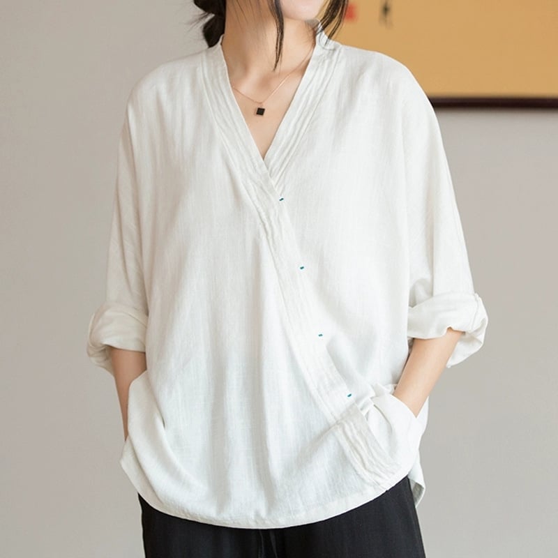 Топ в китайски стил Zen, смес от коноп, памук и лен, V-образно деколте, едноцветен, 95%+ съдържание коноп, пролет 2025
