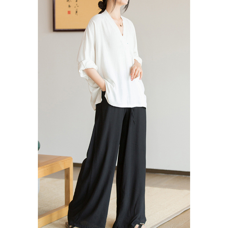 Топ в китайски стил Zen, смес от коноп, памук и лен, V-образно деколте, едноцветен, 95%+ съдържание коноп, пролет 2025