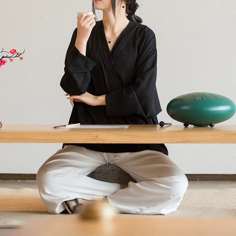 Топ в китайски стил Zen, смес от коноп, памук и лен, V-образно деколте, едноцветен, 95%+ съдържание коноп, пролет 2025