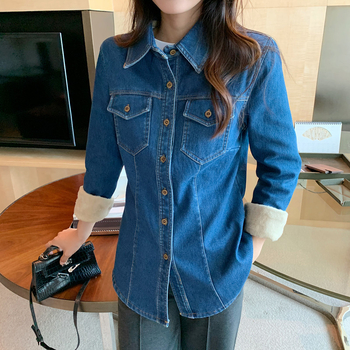 Denim košulja-jakna s elastičnim velvetom, Polo ovratnik, dugi rukavi, regular kroj, 70–80% pamuka