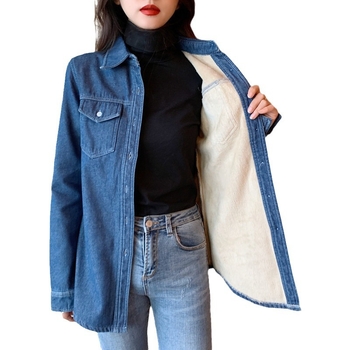 Denim košulja-jakna s elastičnim velvetom, Polo ovratnik, dugi rukavi, regular kroj, 70–80% pamuka