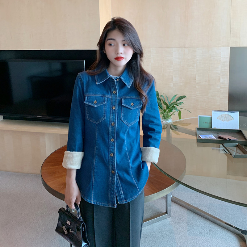 Denim košulja-jakna s elastičnim velvetom, Polo ovratnik, dugi rukavi, regular kroj, 70–80% pamuka