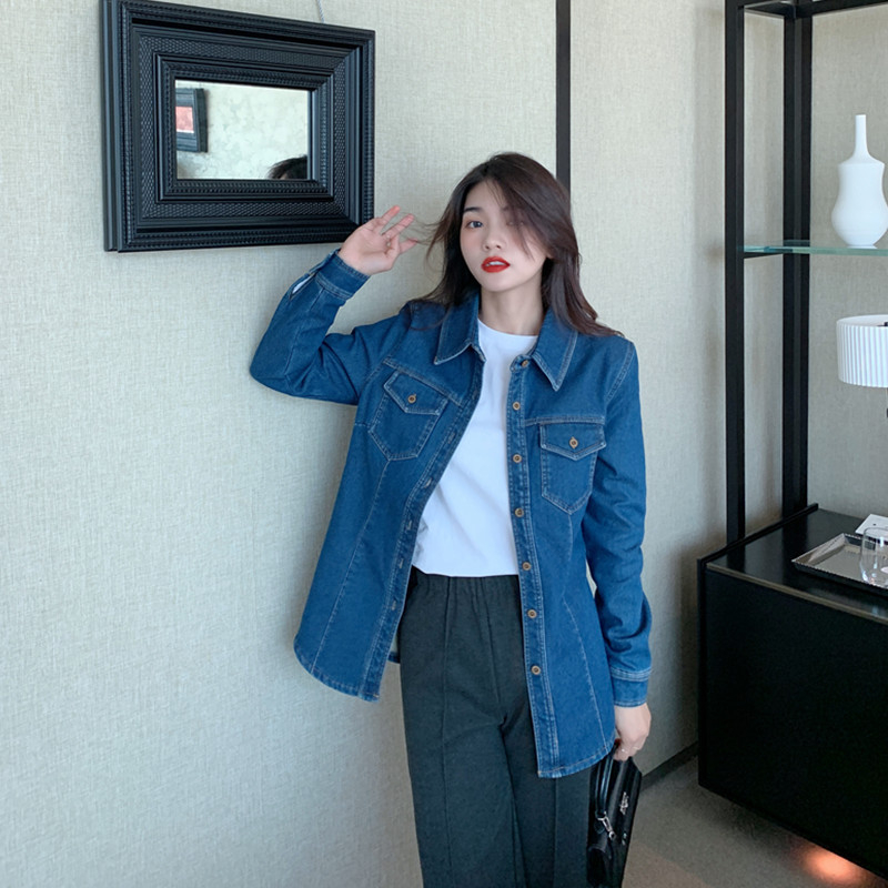 Denim košulja-jakna s elastičnim velvetom, Polo ovratnik, dugi rukavi, regular kroj, 70–80% pamuka