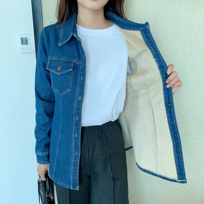 Denim košulja-jakna s elastičnim velvetom, Polo ovratnik, dugi rukavi, regular kroj, 70–80% pamuka