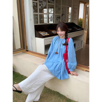 Ženske košulijske haljine od poliestera, nadušeni rukavi, dugi rukavi, okrugli izrez, srednja duljina 65–80 cm