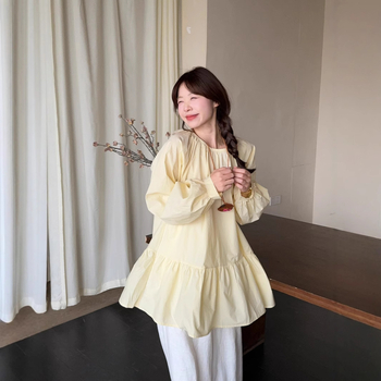 Ženske košulijske haljine od poliestera, nadušeni rukavi, dugi rukavi, okrugli izrez, srednja duljina 65–80 cm