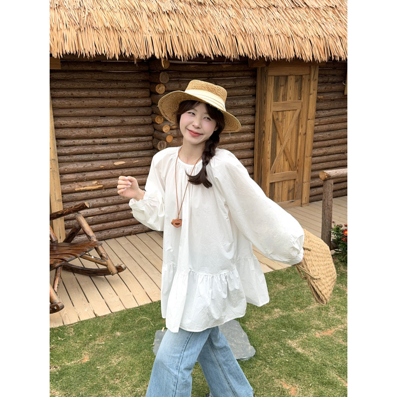 Ženske košulijske haljine od poliestera, nadušeni rukavi, dugi rukavi, okrugli izrez, srednja duljina 65–80 cm