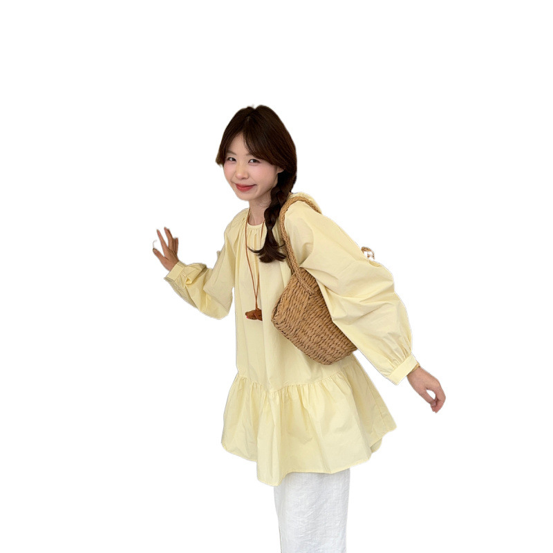 Ženske košulijske haljine od poliestera, nadušeni rukavi, dugi rukavi, okrugli izrez, srednja duljina 65–80 cm