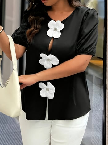 Blúzka s kvetinovým vzorom, dekoráciou z perál, polyester, krátke rukávy, úzky strih