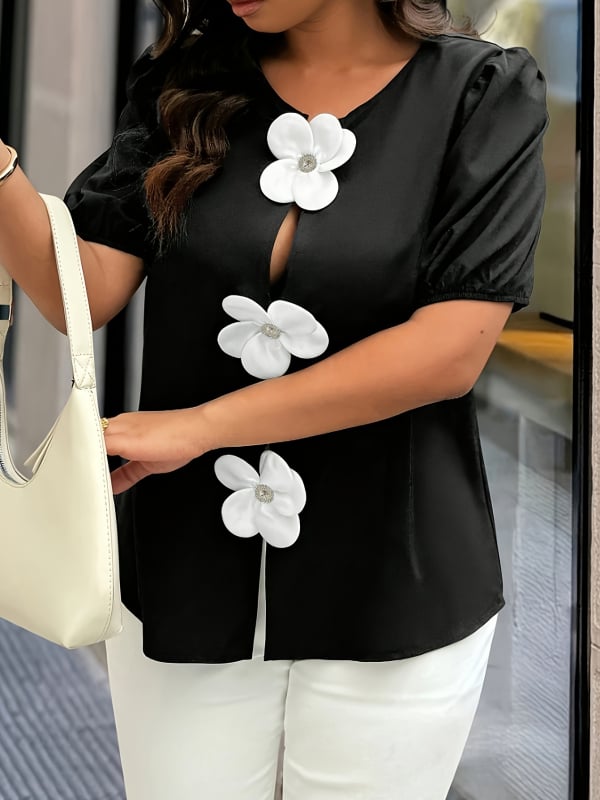 Blúzka s kvetinovým vzorom, dekoráciou z perál, polyester, krátke rukávy, úzky strih