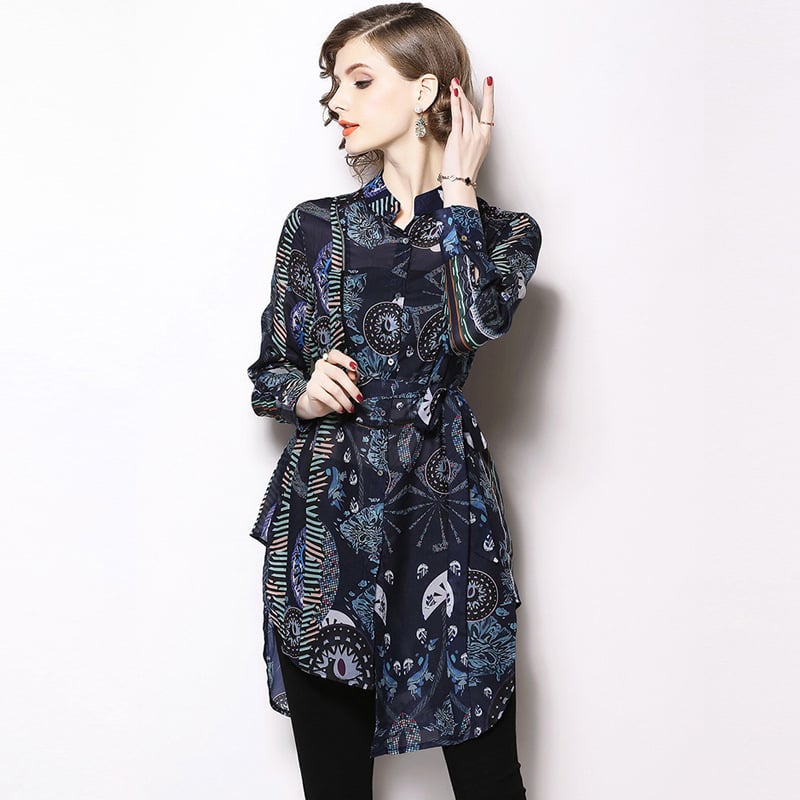 Polyesterové šaty–košeľa s geometrickým vzorom, dvojdielna súprava, golier rever, dlhé rukávy, nepravidelný lem, dlhá dĺžka