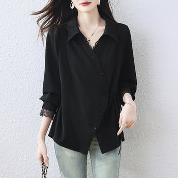 Dámska košeľa, korejský štýl, voľný strih, dlhý rukáv, spojovací detail/šitie, dĺžka 50–65 cm, jar 2025, polyester 95%+