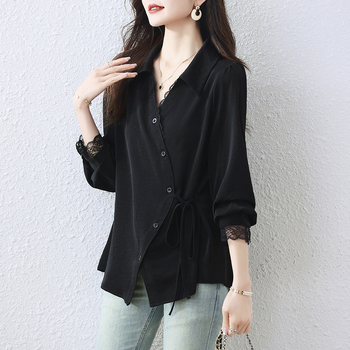 Dámska košeľa, korejský štýl, voľný strih, dlhý rukáv, spojovací detail/šitie, dĺžka 50–65 cm, jar 2025, polyester 95%+