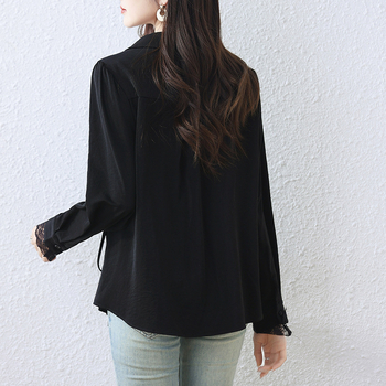 Dámska košeľa, korejský štýl, voľný strih, dlhý rukáv, spojovací detail/šitie, dĺžka 50–65 cm, jar 2025, polyester 95%+