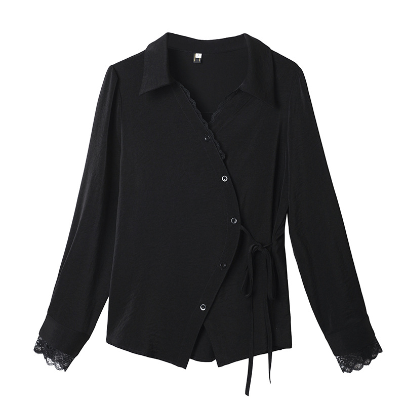 Dámska košeľa, korejský štýl, voľný strih, dlhý rukáv, spojovací detail/šitie, dĺžka 50–65 cm, jar 2025, polyester 95%+