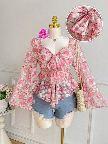 Košulja s dugim rukavima od poliestera s gradijentnim cvjetnim uzorkom, vezicama i kvadratnim izrezom