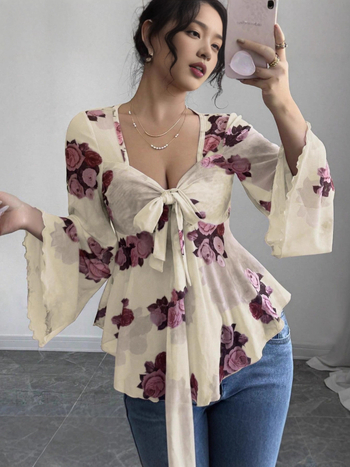 Košulja s dugim rukavima od poliestera s gradijentnim cvjetnim uzorkom, vezicama i kvadratnim izrezom