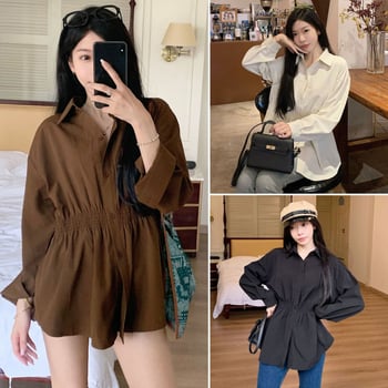 Dámska bavlnená košeľa s okrúhlym výstrihom, voľný strih, dlhé zvonové rukávy, jarno-jesenná 2025