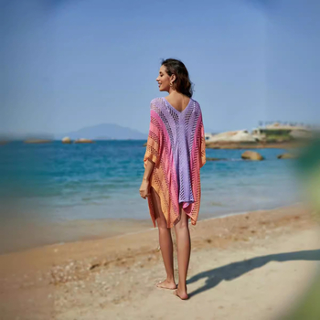 Strandfedőblúz laza szabású, plusz méret, kontraszt-paneles, lyukacsos kötött pamut-lin, UPF50+