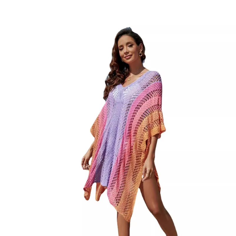 Strandfedőblúz laza szabású, plusz méret, kontraszt-paneles, lyukacsos kötött pamut-lin, UPF50+