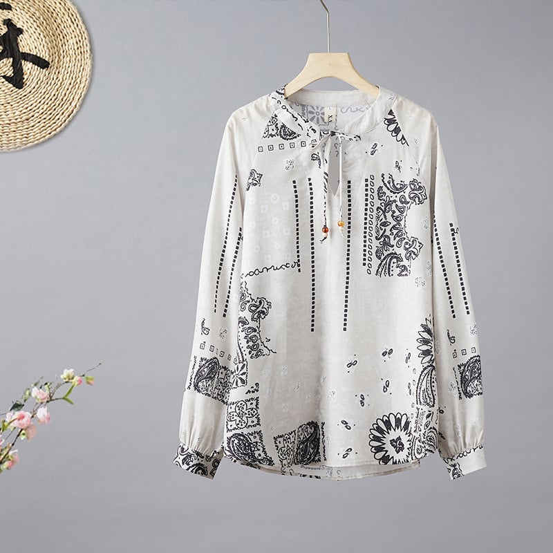 Ženska košulja s kapuljačom i dugim rukavima, cvjetnim uzorkom, materijal poliester-pamuk, ovratnik u obliku lotosova lista, duljina 50–65 cm, proljeće 2025