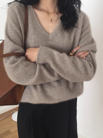 Dámsky sveter z vlneného materiálu 95%+, V-krk, dlhé rukávy, voľný strih, elegantný štýl dochádzky (Zima 2025)