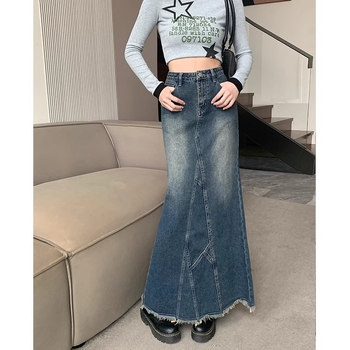 A-linijska denimska midi suknja, 30-50% pamuka, casual japansko-korejski stil.
