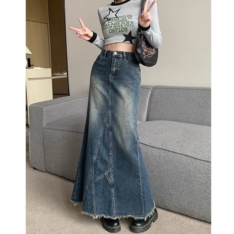A-linijska denimska midi suknja, 30-50% pamuka, casual japansko-korejski stil.