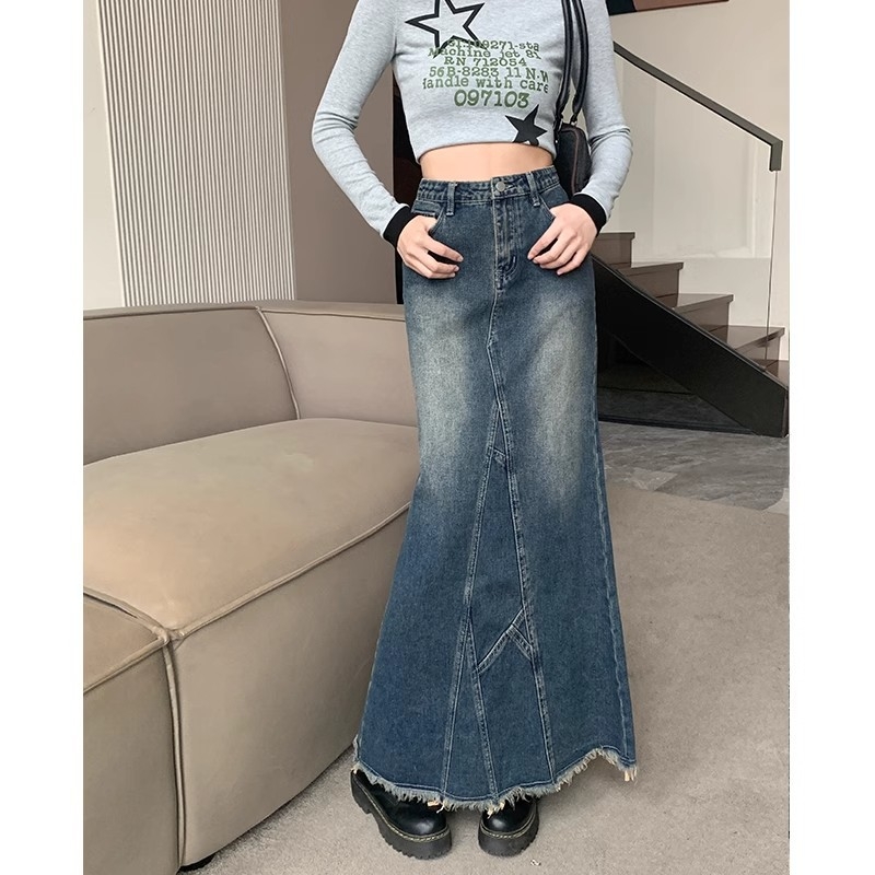 A-linijska denimska midi suknja, 30-50% pamuka, casual japansko-korejski stil.