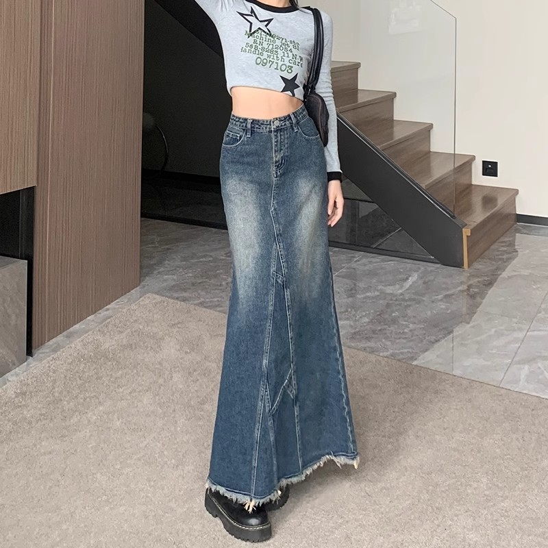 A-linijska denimska midi suknja, 30-50% pamuka, casual japansko-korejski stil.