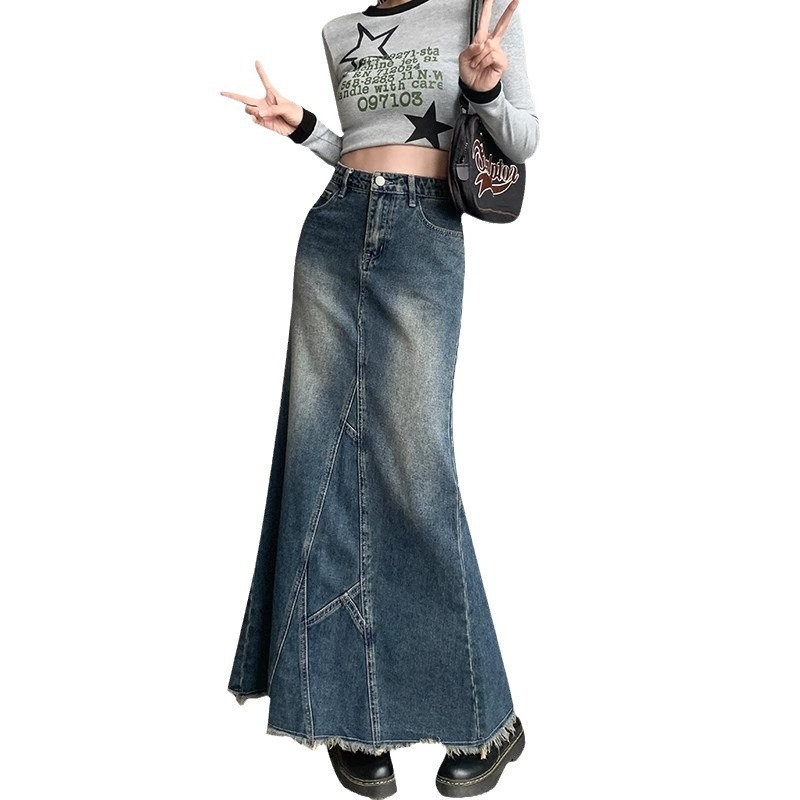 A-linijska denimska midi suknja, 30-50% pamuka, casual japansko-korejski stil.