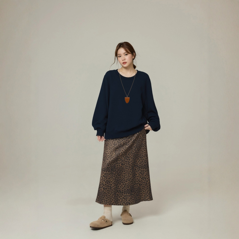 Suknja A-line s leopard uzorkom, midi duljine, materijal poliester sa spandeksom, mikroelastičnost, jesen 2025