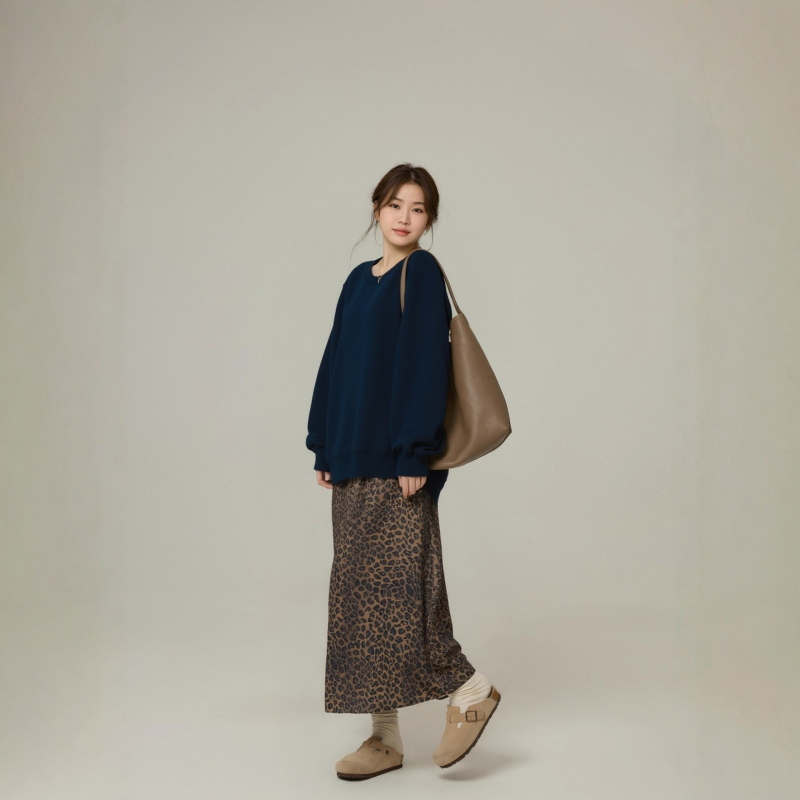 Suknja A-line s leopard uzorkom, midi duljine, materijal poliester sa spandeksom, mikroelastičnost, jesen 2025