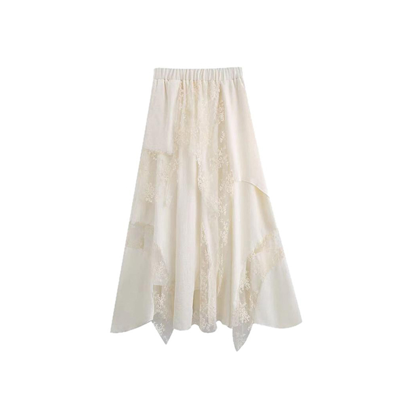 Fustă în formă A, lungime medie, dantelă cu broderie, material poliester, microelastic