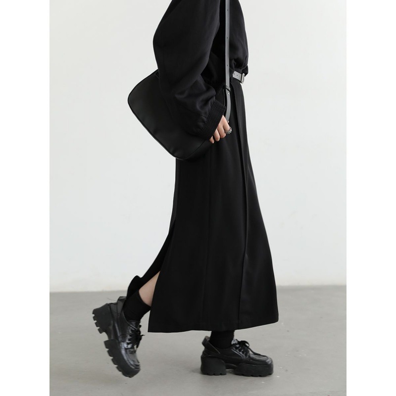 Ulična midi suknja s visokim strukom i rozparkom, crna, plisirana, opuštenog kroja, za žene, jesen-zima, plus size