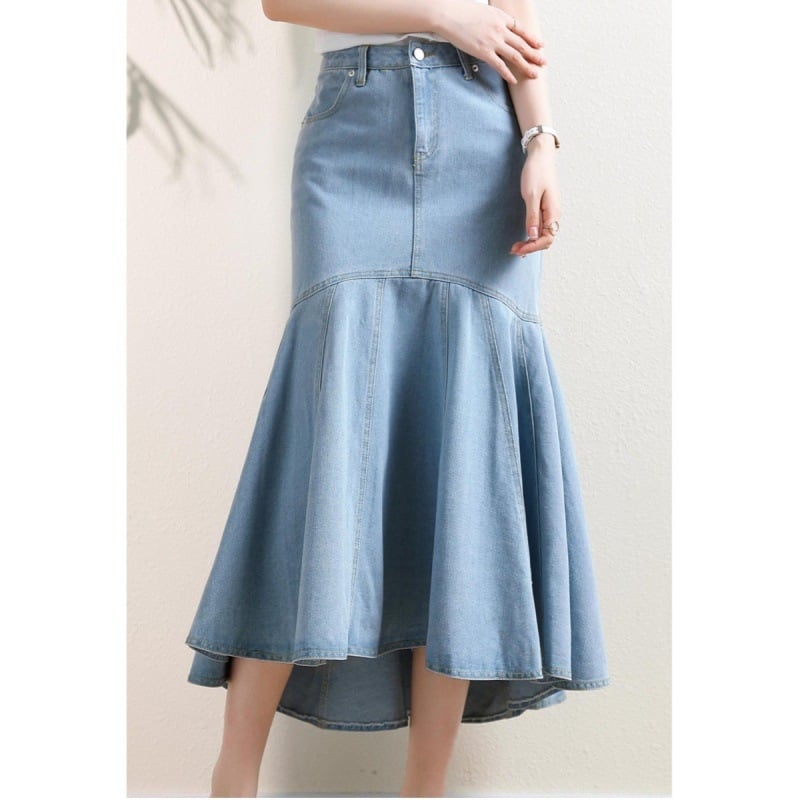 Denim suknja s ribljim repom, duga, nepravilan rub, jesen 2023, ležerni japansko-korejski stil, poliester 30–50%