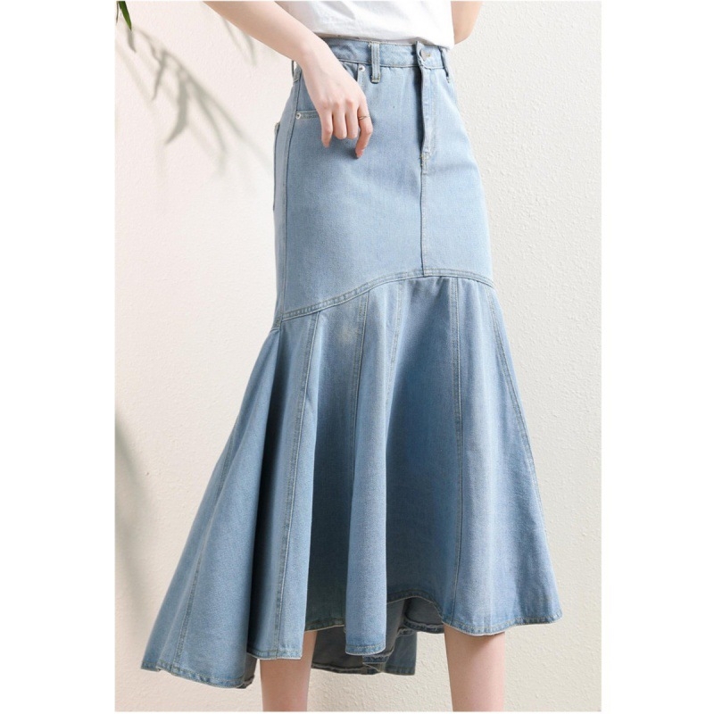 Denim suknja s ribljim repom, duga, nepravilan rub, jesen 2023, ležerni japansko-korejski stil, poliester 30–50%
